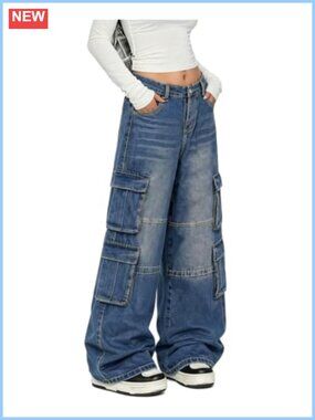 High Rise Wide Leg Baggy Cargo Jeans Multi Pocket Streetwear Y2K